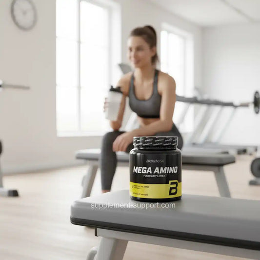 Mega Amino Nahrungsergänzungsmittel im Fitnessstudio mit Sportlerin
