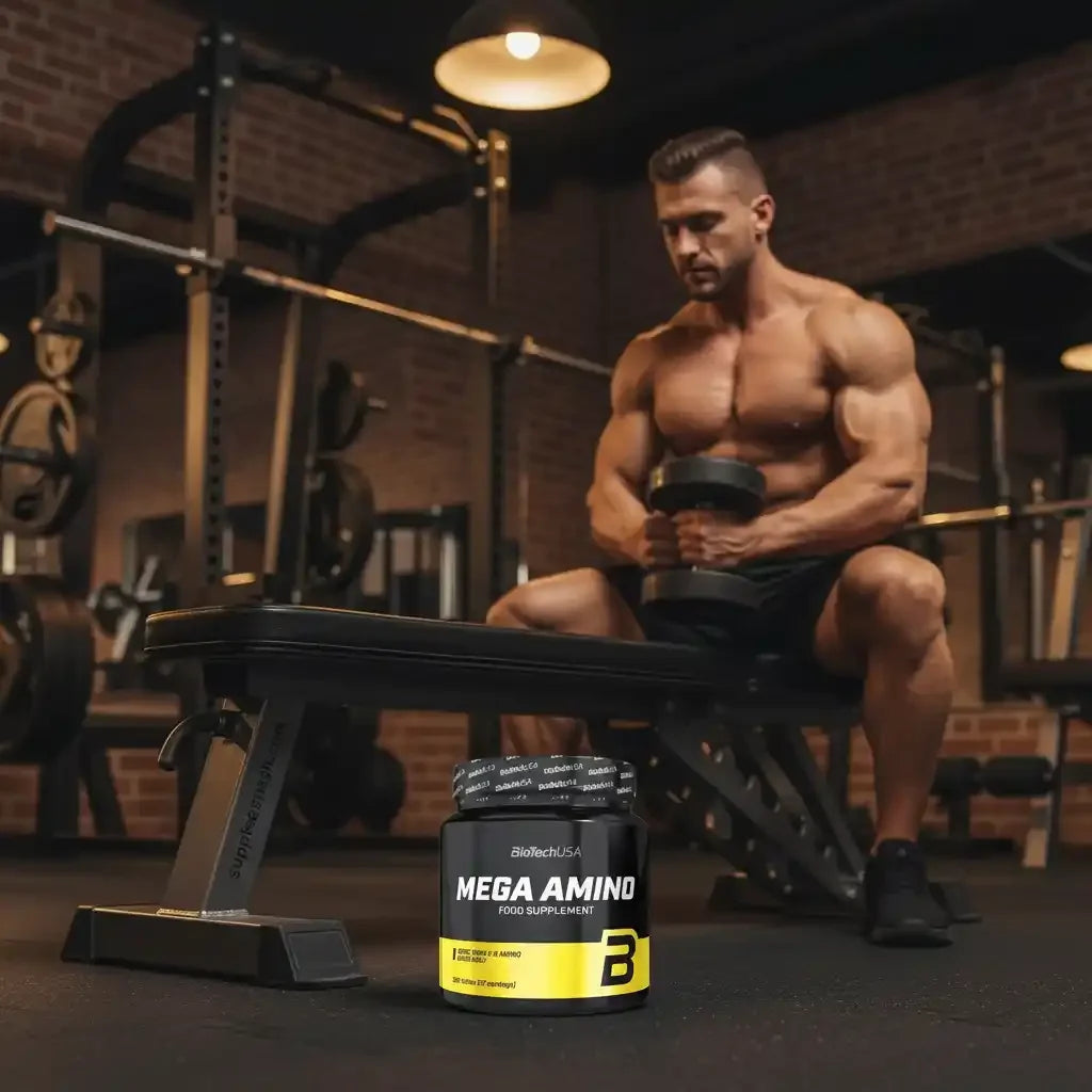 Muskulöser Mann mit Mega Amino Supplement im Fitnessstudio