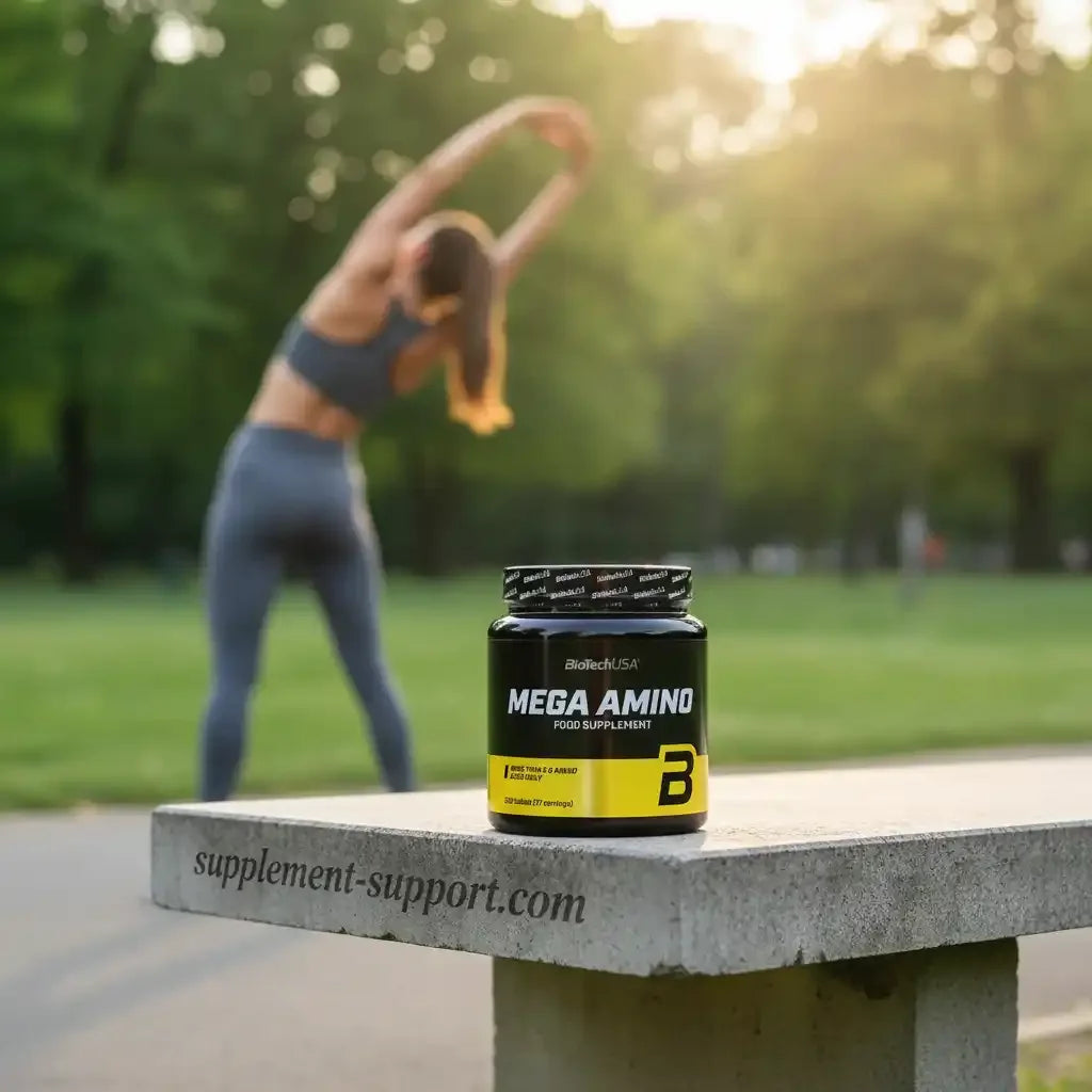 Mega Amino Nahrungsergänzungsmittel von BioTechUSA auf Bank im Park, Sportlerin dehnt sich im Hintergrund
