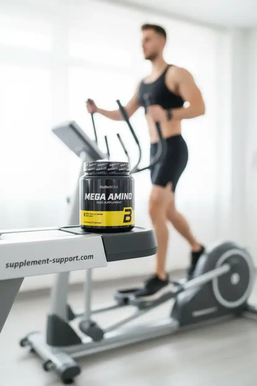Mega Amino Nahrungsergänzung auf Elliptical Trainer im Fitnessstudio
