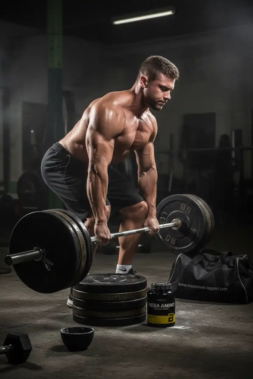 Muskulöser Athlet beim Gewichtheben mit Barbell und Mega Amino Supplement im Fitnessstudio