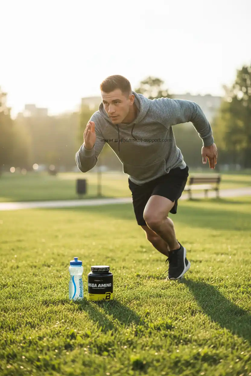Athlet beim Laufen im Park mit Aminosäuren und Trinkflasche für Fitness und Sport