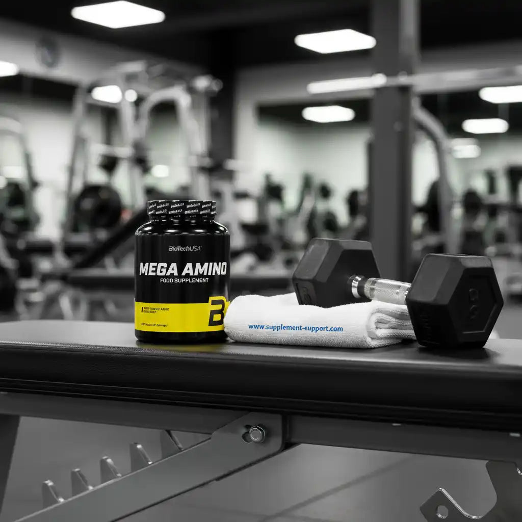 Mega Amino Nahrungsergänzungsmittel im Fitnessstudio mit Hanteln und Handtuch