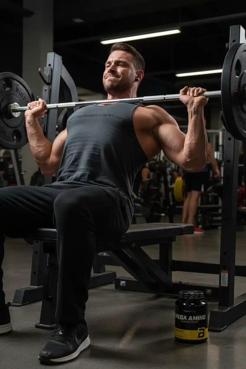 Muskulöser Mann trainiert mit Langhantel im Fitnessstudio, neben ihm Mega Amino Supplement