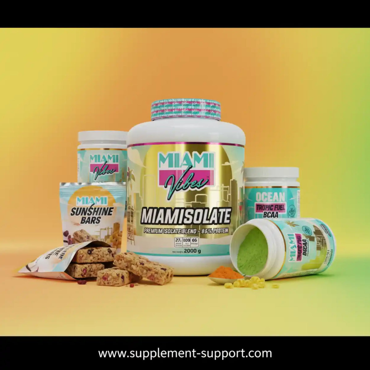 Miami Vibes Miamisolate Proteinpulver-Dose mit Riegeln und BCAA-Supplementen.