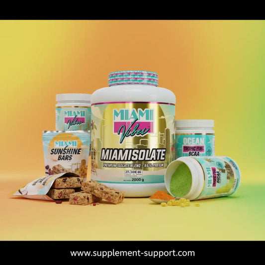 Miami Vibes Miamisolate Proteinpulver-Dose mit Riegeln und BCAA-Supplementen.