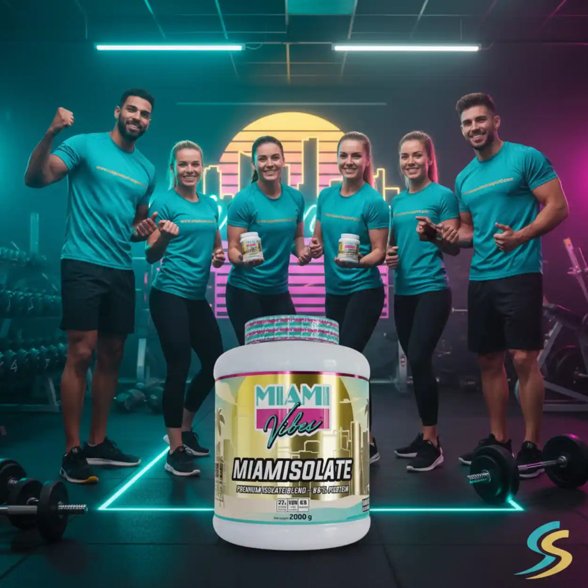 MIAMI VIBES Miamisolate Proteinpulver vor einer Gruppe sportlicher Menschen im Fitnessstudio.