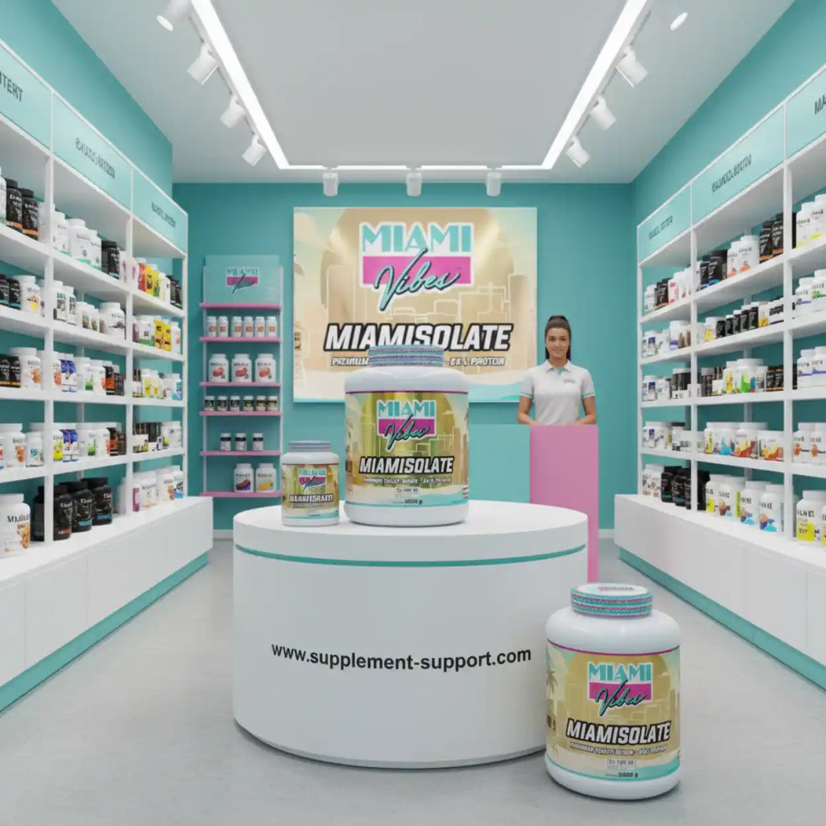 MIAMI VIBES MIAMISOLATE Proteinpulver in einem modernen Supplement-Store