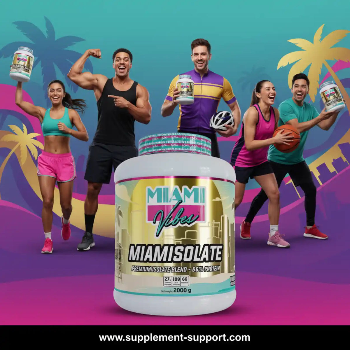 MIAMI VIBES MiamIsolate Whey Protein Isolat 2000g mit sportlichen Menschen vor Miami-Hintergrund