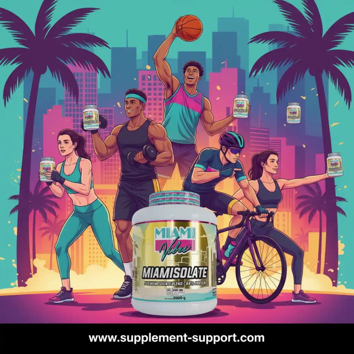 MIAMI VIBES MiamIsolate Proteinpulver vor sportlichen Menschen in einer Miami-Kulisse