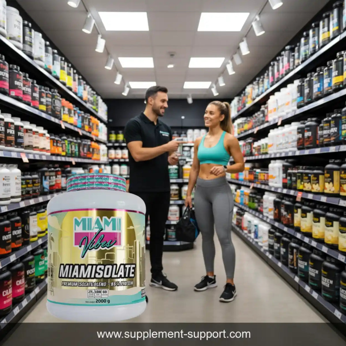 MIAMI VIBES MIAMISOLATE Protein-Pulver 2000g vor einem Paar in einem Supplement-Shop