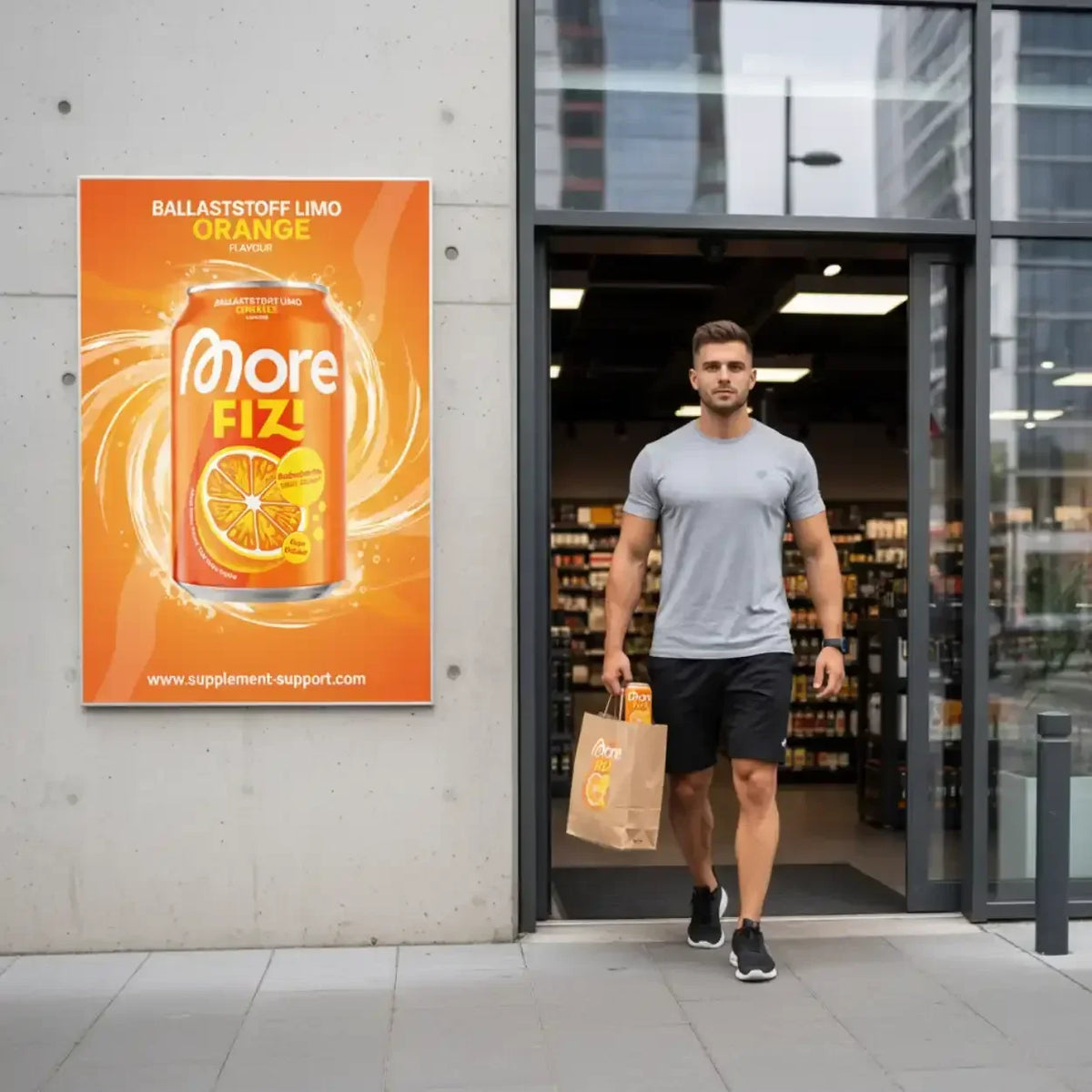 Mann mit Einkaufstüte vor Geschäft, daneben Plakat für More Fizi Ballaststoff Limo Orange
