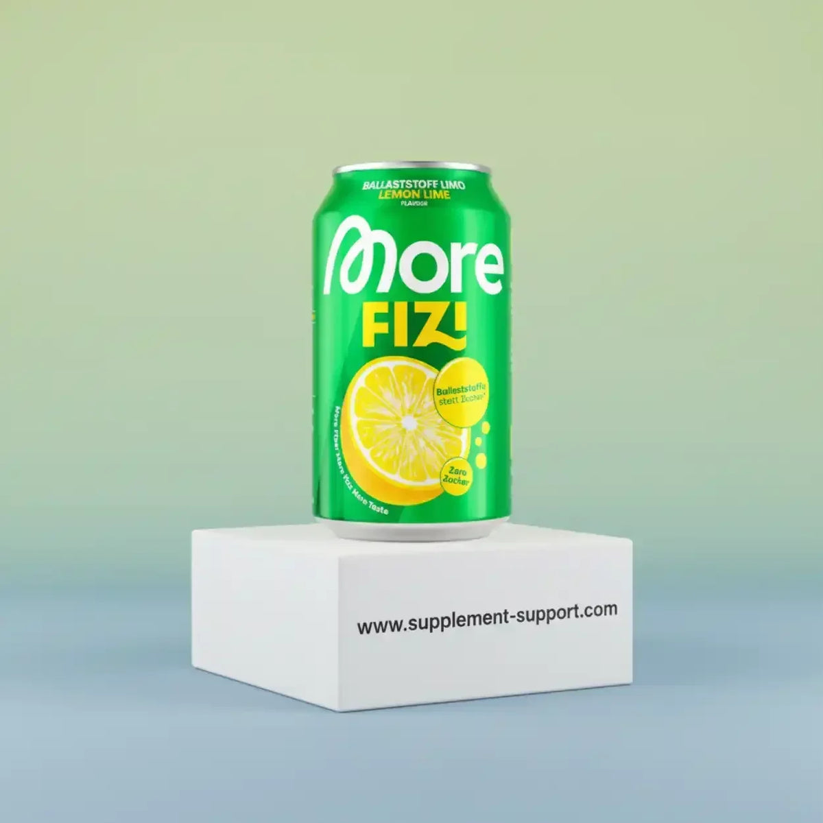 More FIZI Ballaststoff Limo Lemon Lime 330ml Dose, zuckerfrei, auf Podest