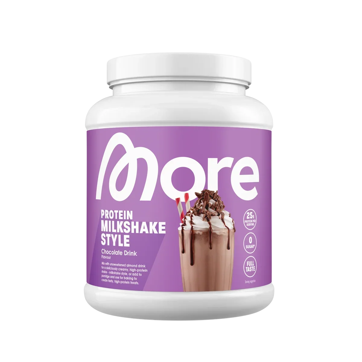 More Protein Milkshake Style Schokolade Proteinpulver in weißem Tiegel