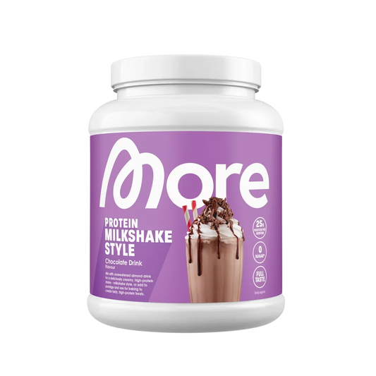 More Protein Milkshake Style Schokolade Proteinpulver in weißem Tiegel