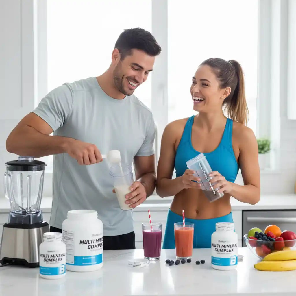 Paar bereitet Sportnahrung mit Multi Mineral Complex und Smoothies in der Küche zu – Fitness & Gesundheit