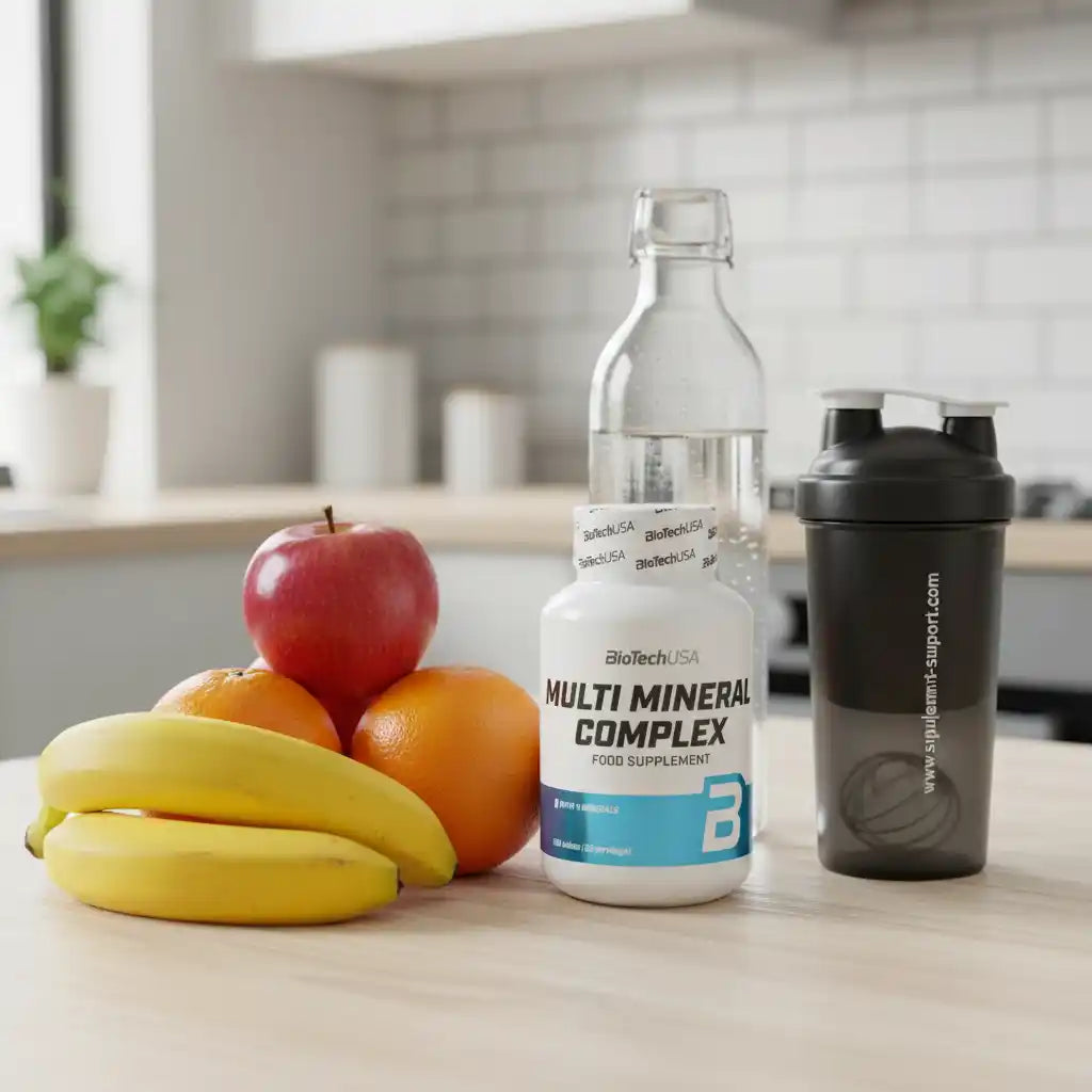 BioTechUSA Multi Mineral Complex mit Äpfel, Bananen und Orangen auf einem Tisch