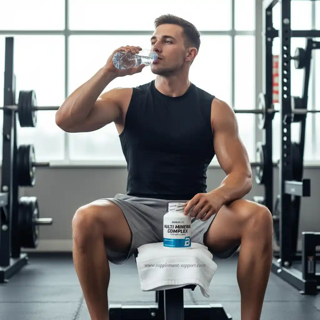 Athlet trinkt Wasser im Fitnessstudio mit Multi Mineral Complex Supplement