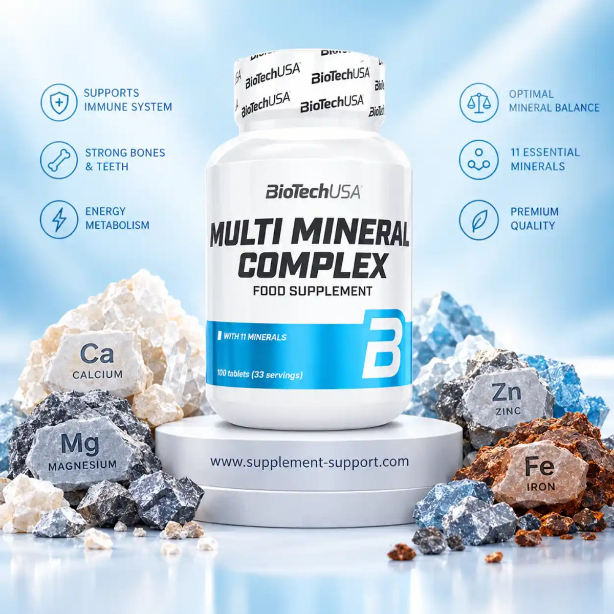 BioTech USA Multi Mineral Complex Nahrungsergänzungsmittel mit 11 Mineralien vor Mineraliensteinen