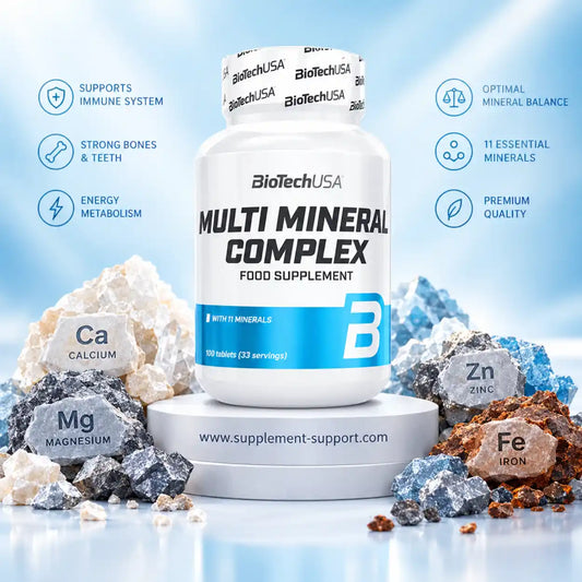 BioTech USA Multi Mineral Complex Nahrungsergänzungsmittel mit 11 Mineralien vor Mineraliensteinen