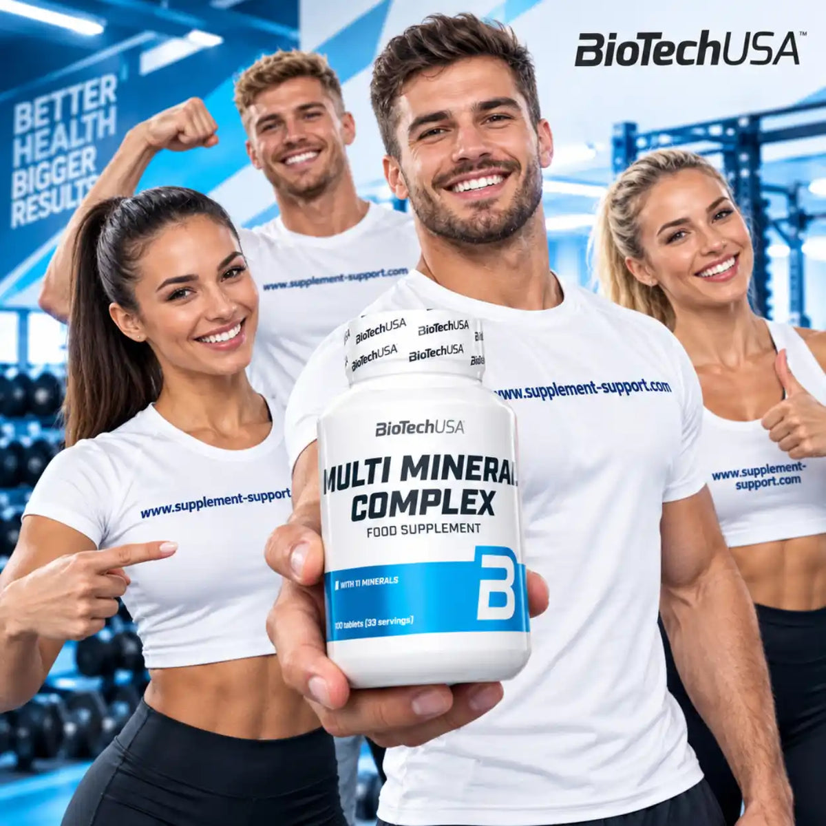 BioTech USA Multi Mineral Complex Nahrungsergänzungsmittel präsentiert von fitten Sportlern im Gym.