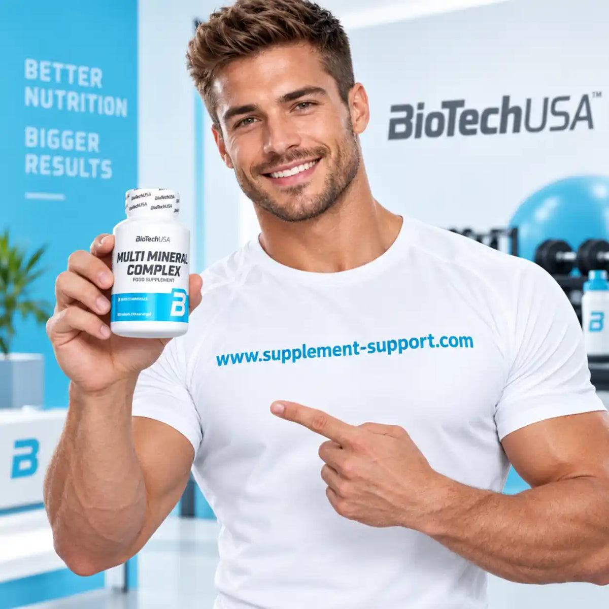 Muskulöser Mann hält BioTech USA Multi Mineral Complex Nahrungsergänzungsmittel in der Hand.