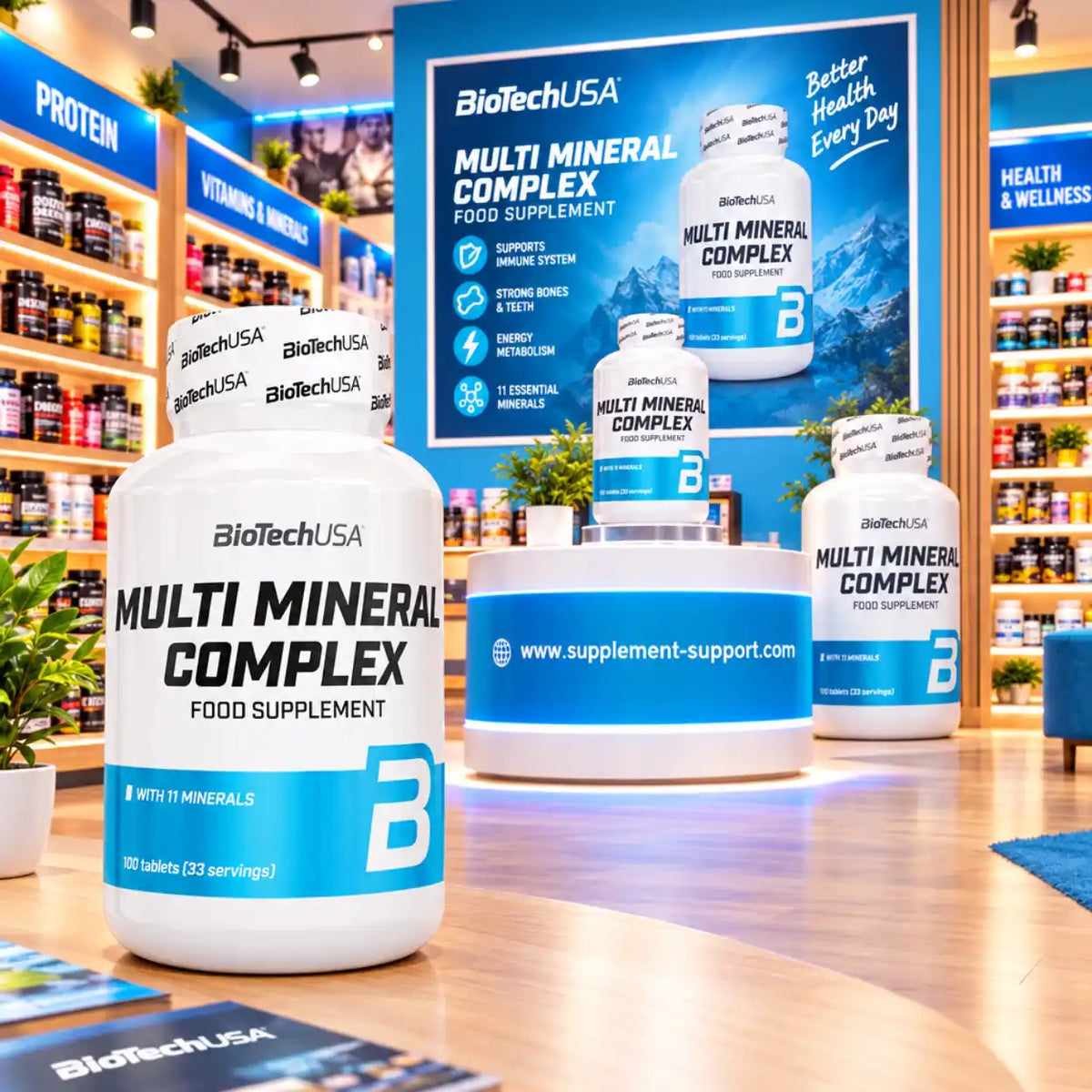 BioTech USA Multi Mineral Complex Nahrungsergänzungsmittel in einem modernen Supplement-Store.