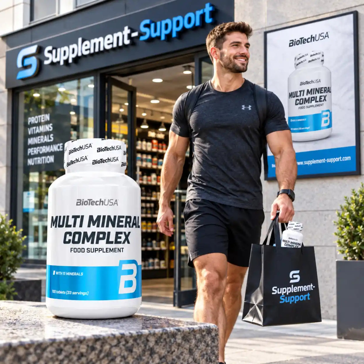 BioTech USA Multi Mineral Complex Nahrungsergänzung vor einem Supplement-Support Store