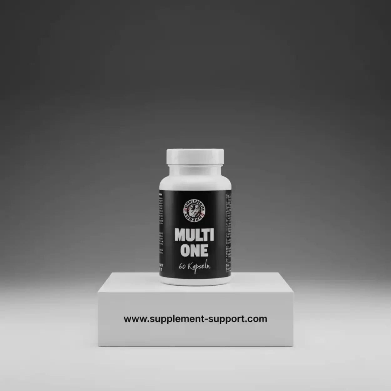 Multi One Multivitamin 60 Kapseln Dose auf Podest, Nahrungsergänzung für Sportler