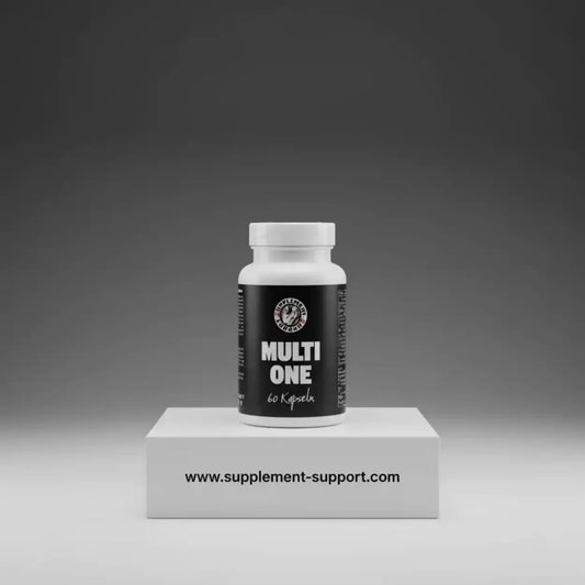 Multi One Multivitamin 60 Kapseln Dose auf Podest, Nahrungsergänzung für Sportler