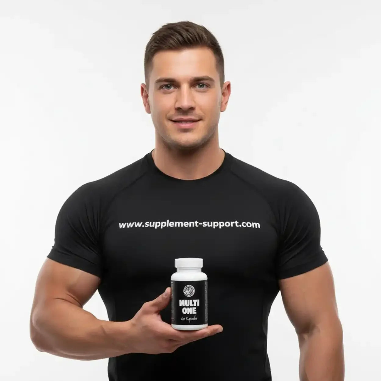 Sportlicher Mann hält MULTI ONE Multivitamin 60 Kapseln, Nahrungsergänzungsmittel