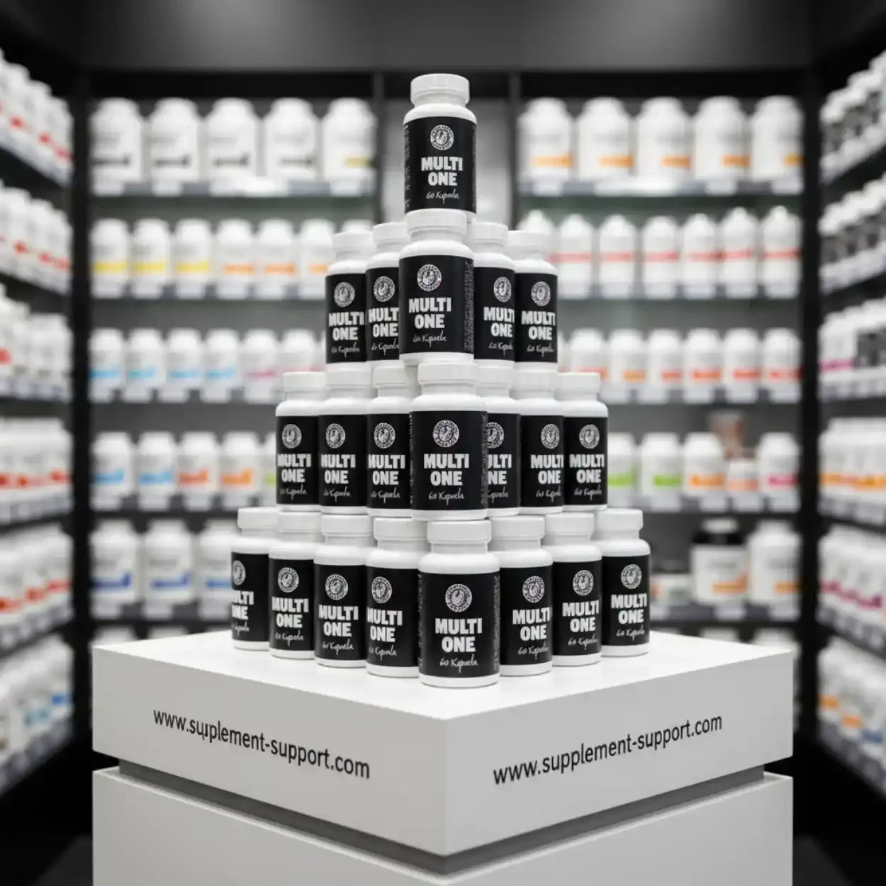 Mehrere Dosen Multi One Multivitamin 60 Kapseln pyramidenförmig im Regal, Nahrungsergänzungsmittel