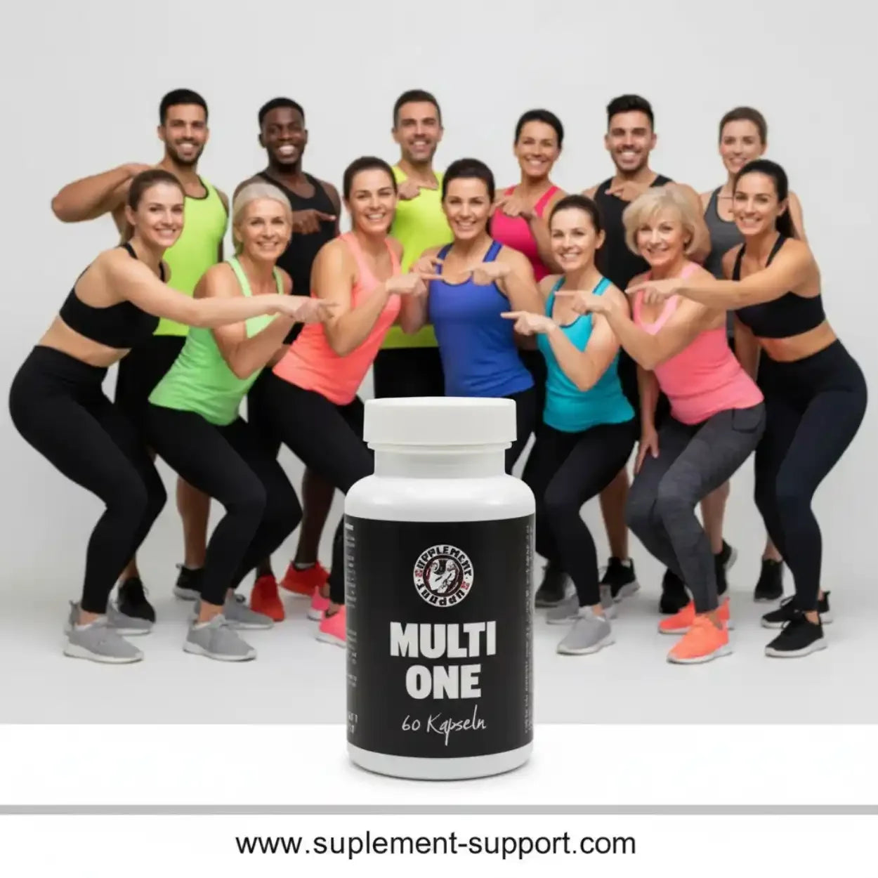 Gruppe Sportler in Fitnesskleidung zeigt auf Multivitamin Multi One Dose mit 60 Kapseln