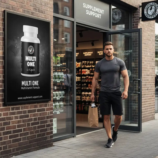 Sportlicher Mann verlässt ein Supplement-Geschäft, Werbeplakat für Multi One Multivitamin Kapseln sichtbar