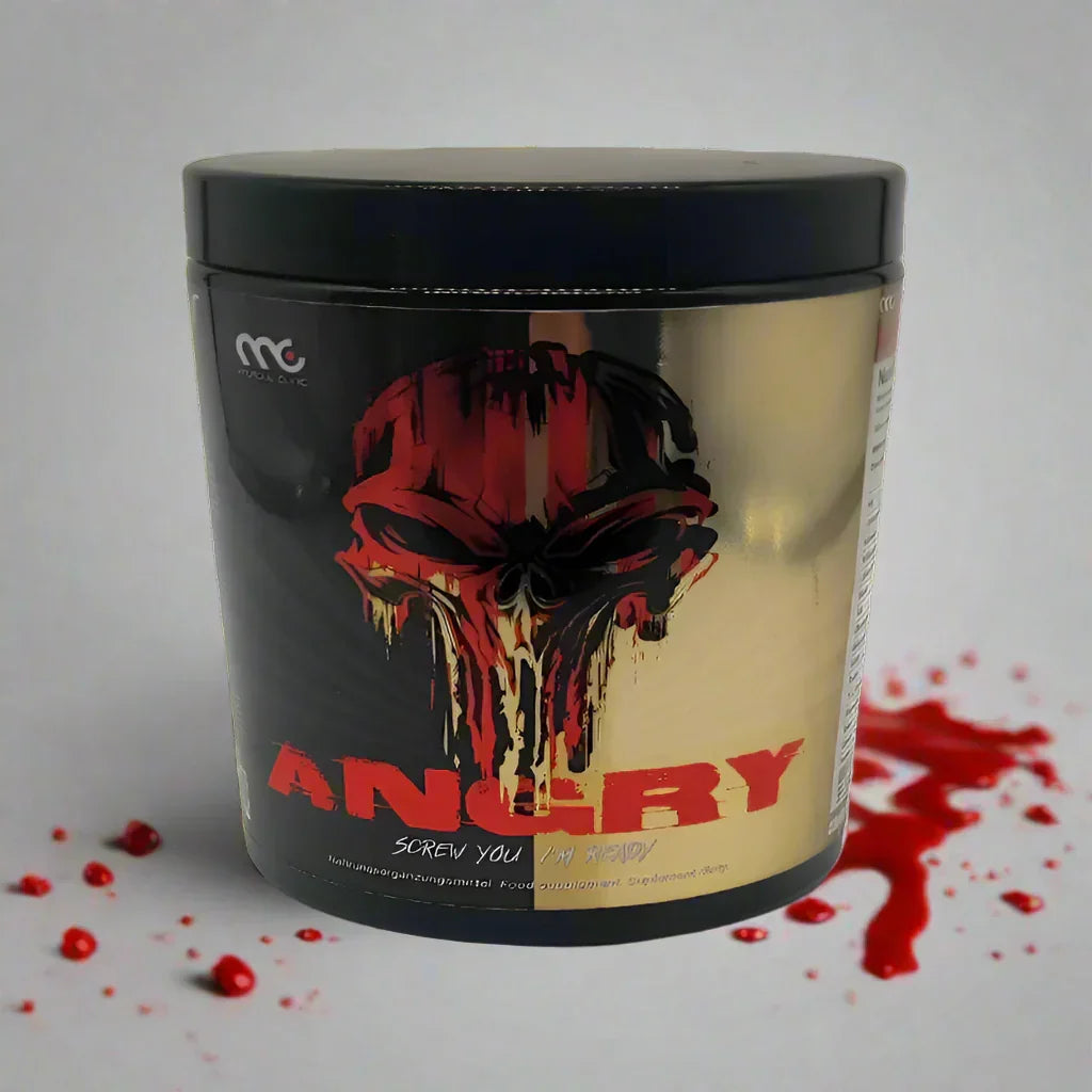 ANGRY Pre-Workout Supplement mit rotem Schädel-Design, ideal für Fitness und Sportler