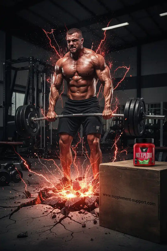 Muskulöser Bodybuilder hebt Hantel mit NO XPLODE Supplement auf einer Holzkiste.