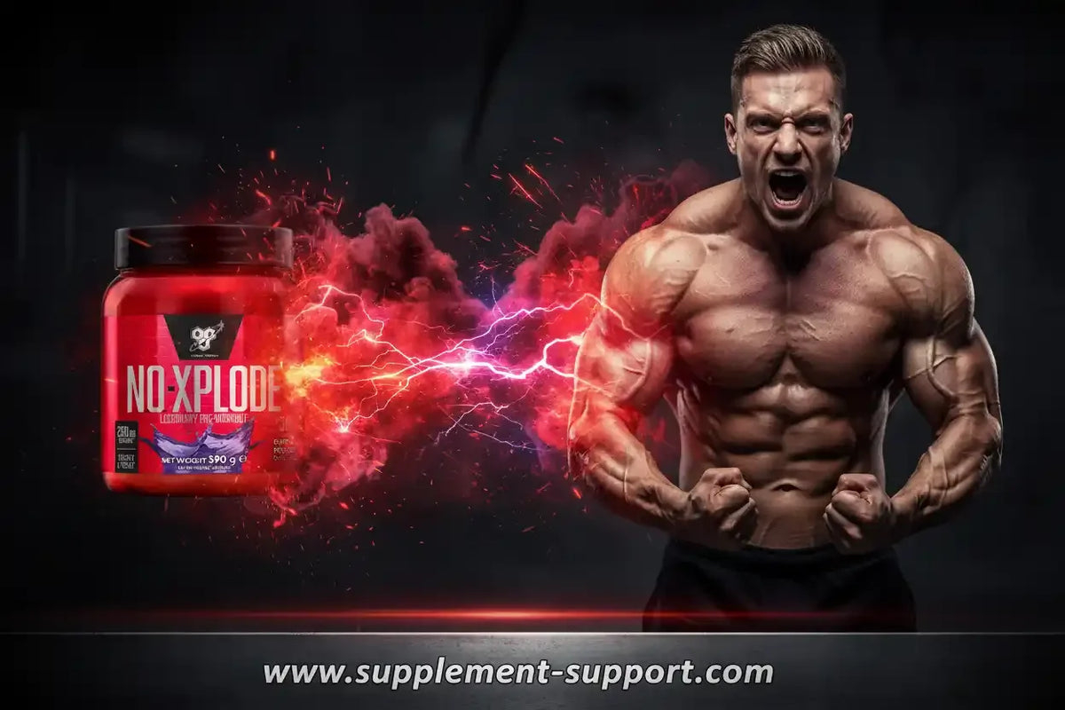 NO-XPLODE Pre-Workout Supplement neben einem muskulösen Bodybuilder mit Energieeffekten