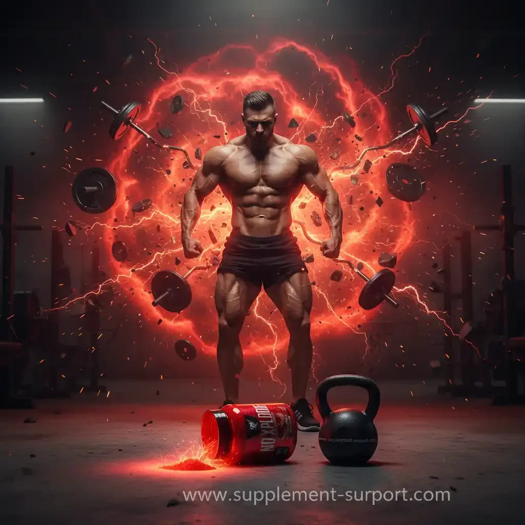 Muskulöser Bodybuilder mit No-Xplode Supplement, Kettlebell und Hanteln vor rotem Energiehintergrund.