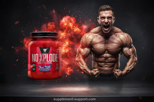 NO-XPLODE Pre-Workout Supplement neben einem muskulösen Bodybuilder mit Feuer-Effekt