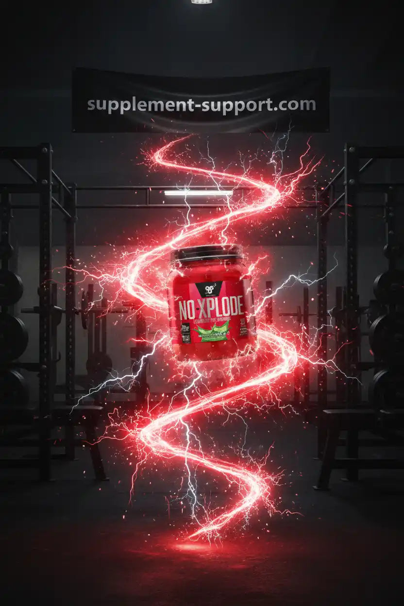 NO-XPLODE Pre-Workout Supplement Dose mit roten elektrischen Blitzen in einem Fitnessstudio