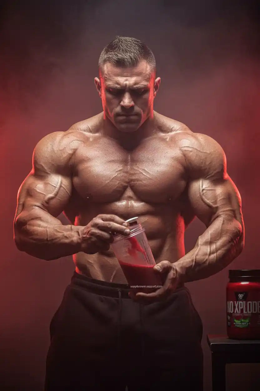 Muskulöser Bodybuilder mit rotem Pre-Workout-Drink und NO-XPLODE Dose.