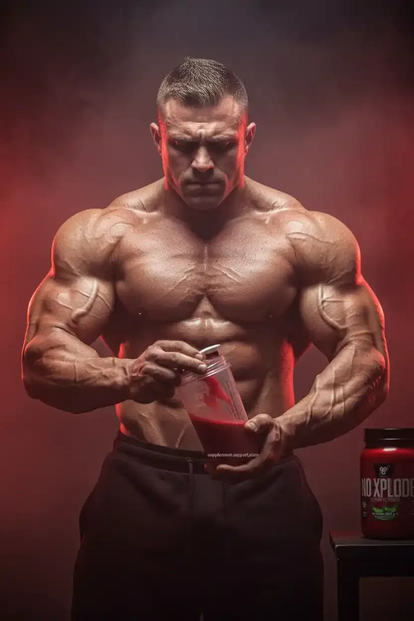 Muskulöser Bodybuilder mit rotem Pre-Workout-Drink und NO-XPLODE Dose.