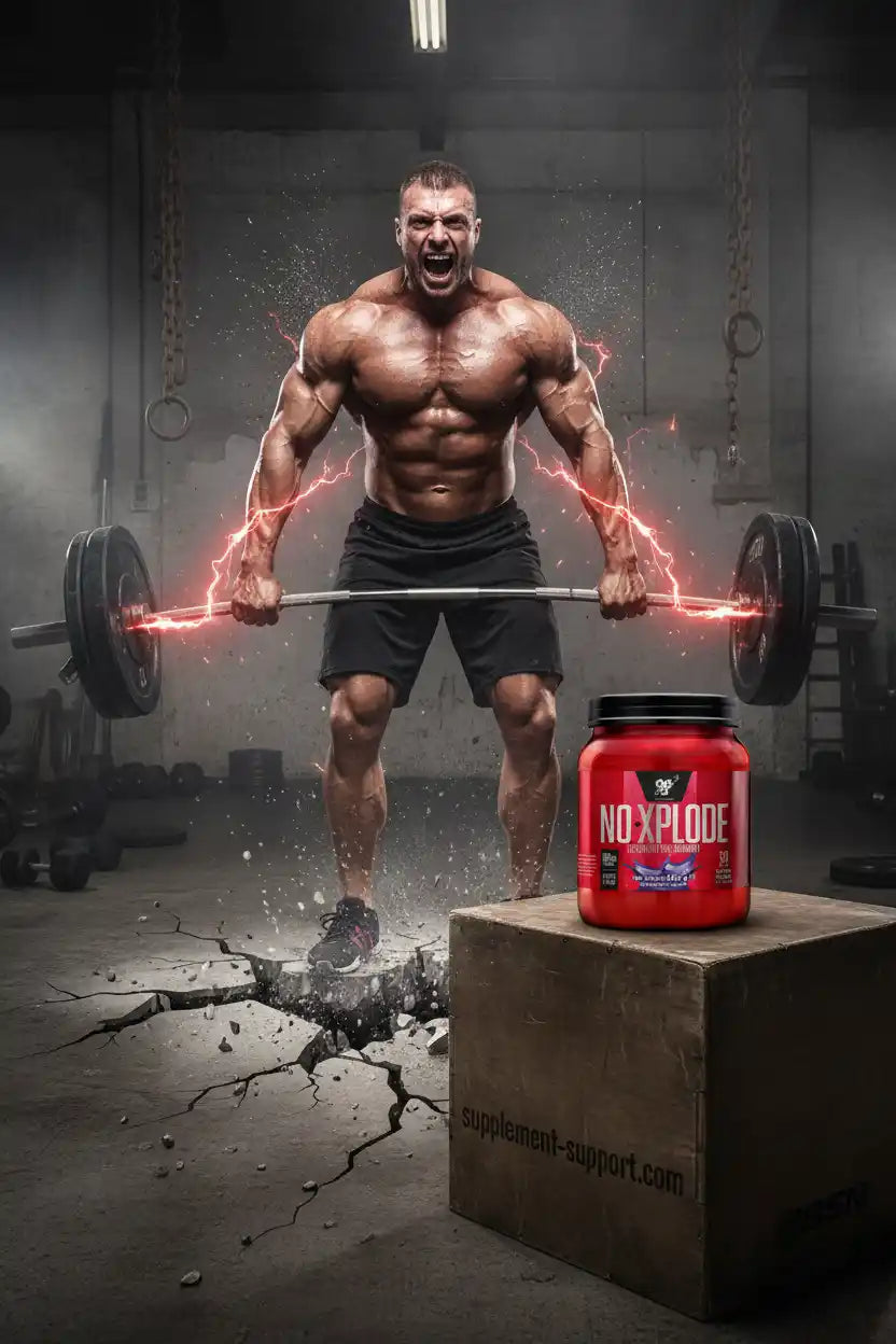 Muskulöser Mann beim Gewichtheben mit NoXplode Supplement vor grauem Hintergrund