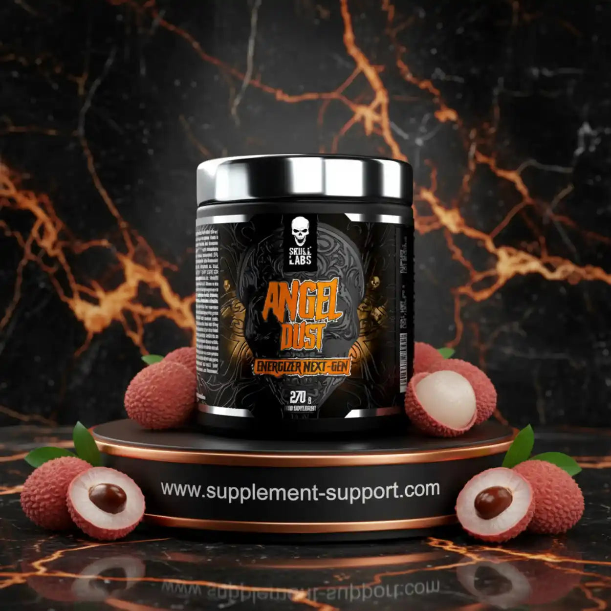Dose Pre-Workout Booster Angel Dust mit Litschis auf dunklem Marmortisch, Fitness Supplement