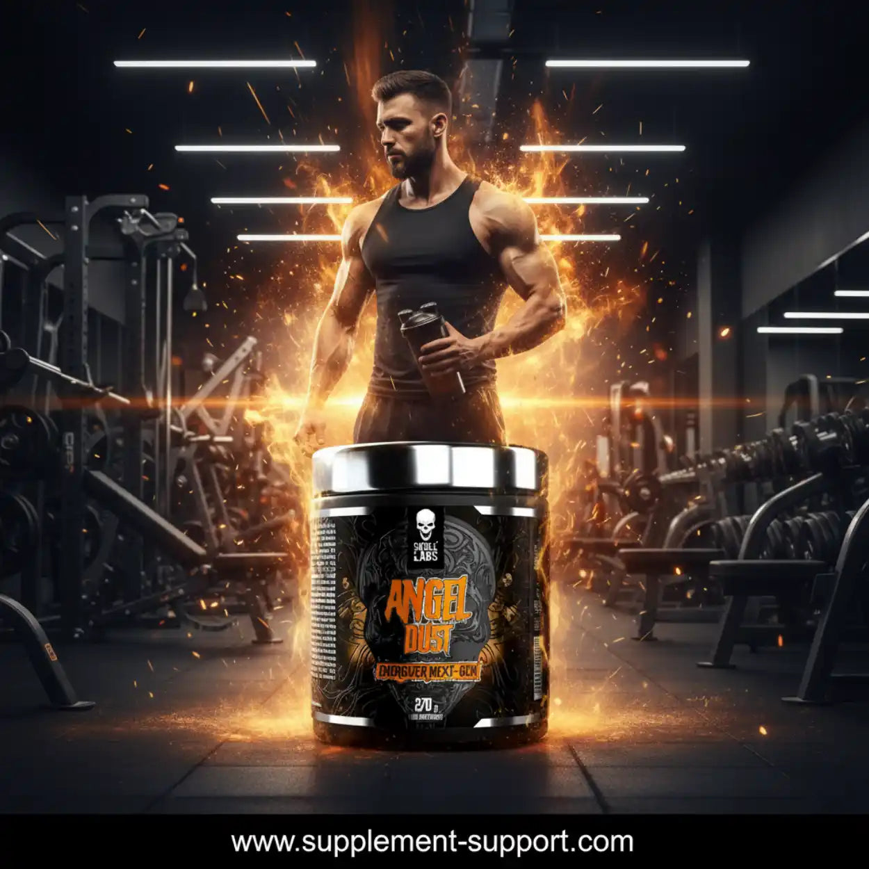 Fitnessstudio mit muskulösem Mann, Supplement-Dose für Trainingsergänzung, Produkt Angel Dust