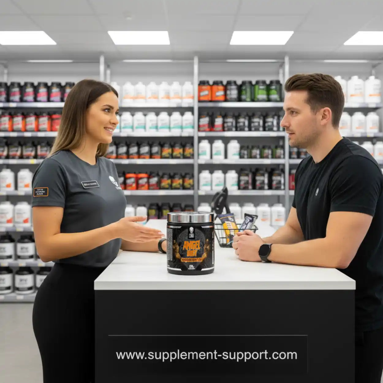 Beratung zu Sportnahrung und Supplements im Fachgeschäft mit Regal voller Produkte