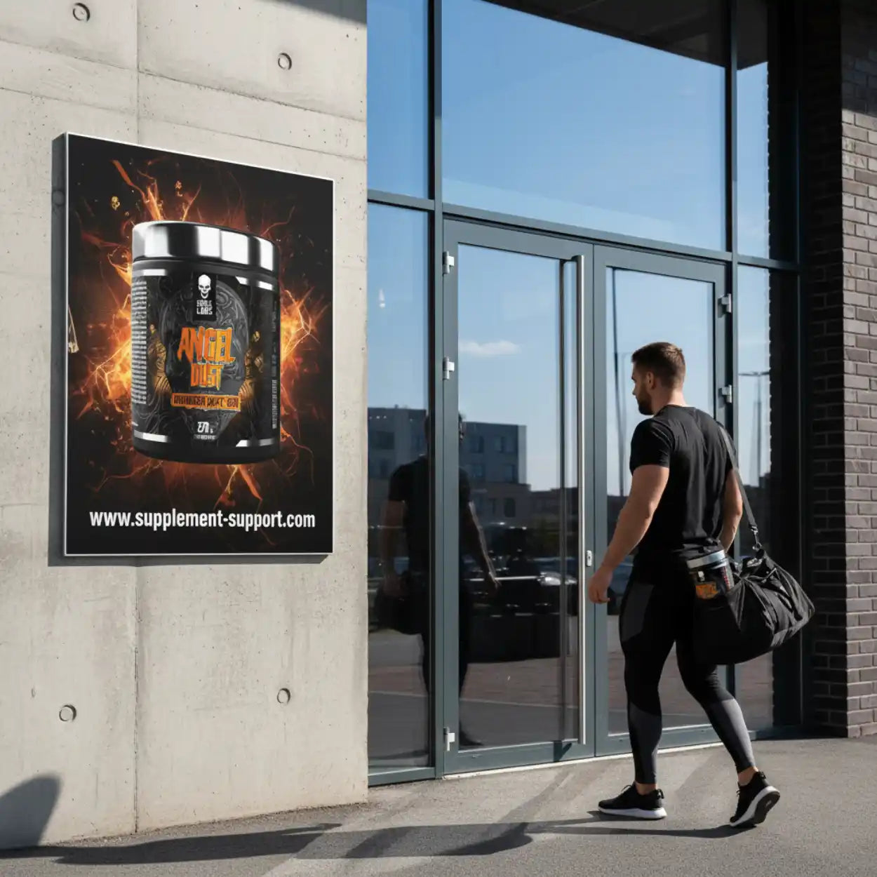 Mann mit Sporttasche betritt Fitnessstudio, an der Wand Poster für Pre-Workout Supplement