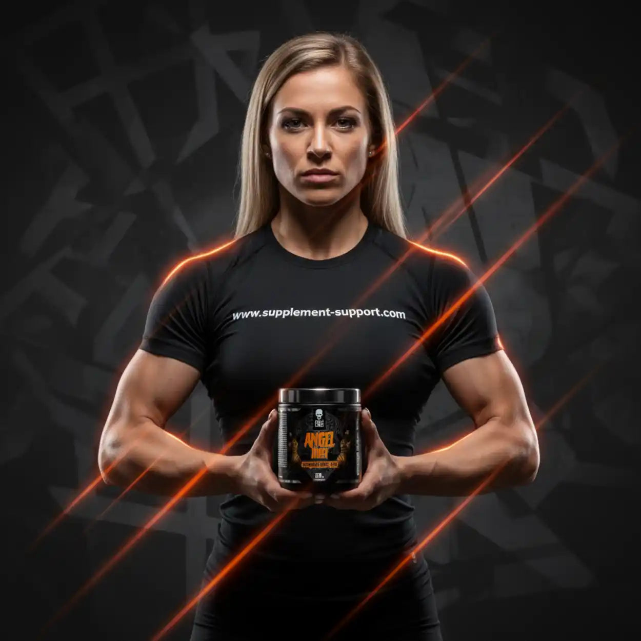 Sportliche Frau hält Dose Sportnahrung, Fitness Supplement für Muskelaufbau, schwarzer Hintergrund