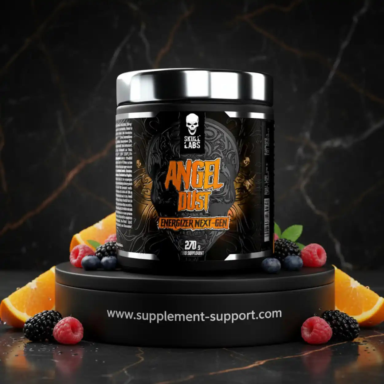Skull Labs Angel Dust Pre-Workout Pulver mit Beeren und Orangenscheiben, schwarze Dose