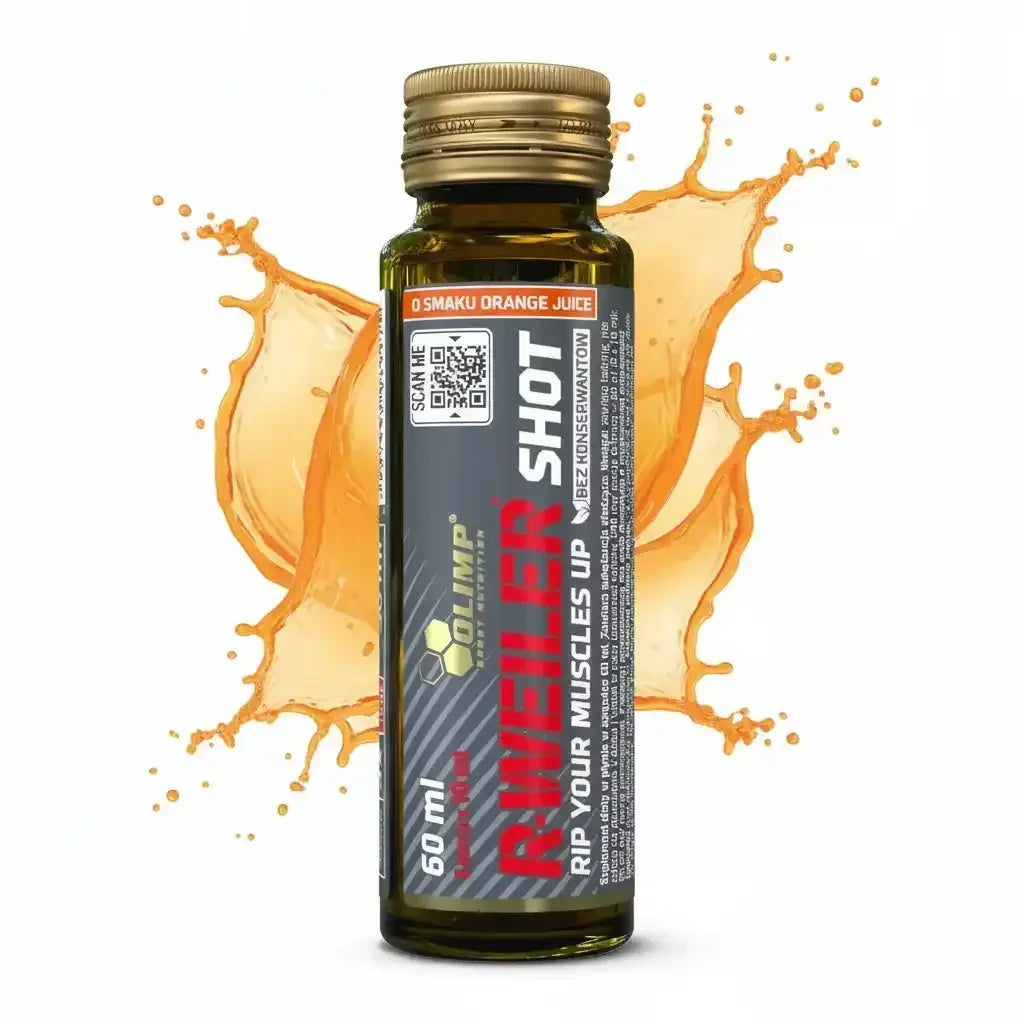 Olimp Rweiler Shot Nahrungsergänzung mit Orangengeschmack vor Orangensaft-Spritzern